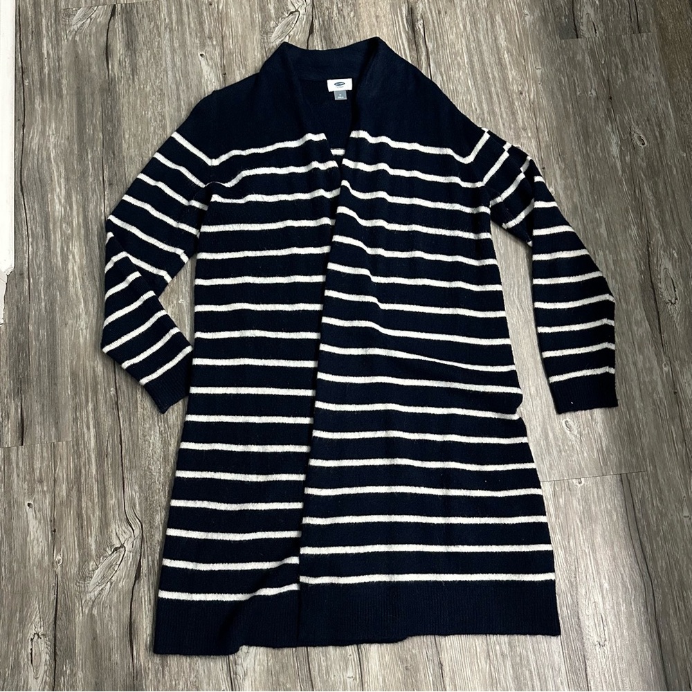 Navy and cream striped long cardigan size M